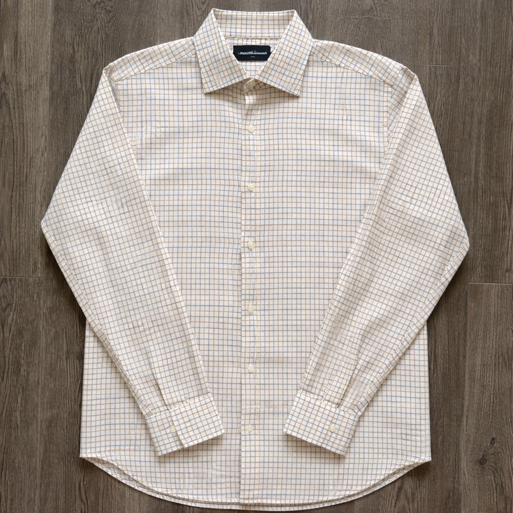 Ermenegildo Zegna Cream and Light Blue Checked Dress Shirt